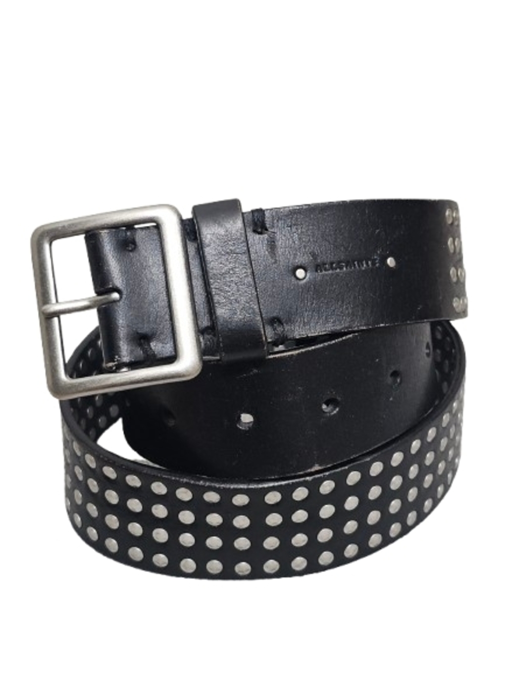 AllSaints Black Studded Leather Belt Eyelet Punk Moto Silver Buckle Unisex